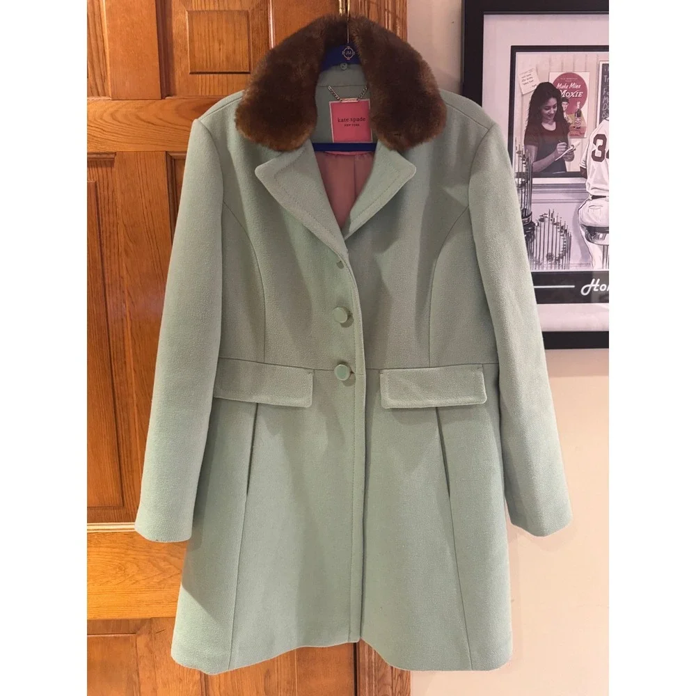Kate Spade New York Seafoam Green Wool Blend Faux Fur Collar Coat XL K29775B - Picture 2 of 14